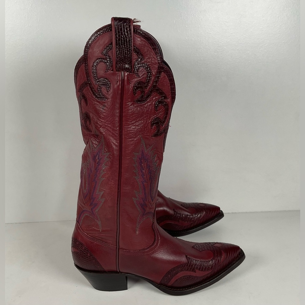 Tony Lama Lizard Wingtip Cowgirl Boots | Overlays | Cranberry | Women’s 6.5 M - Picture 12 of 16